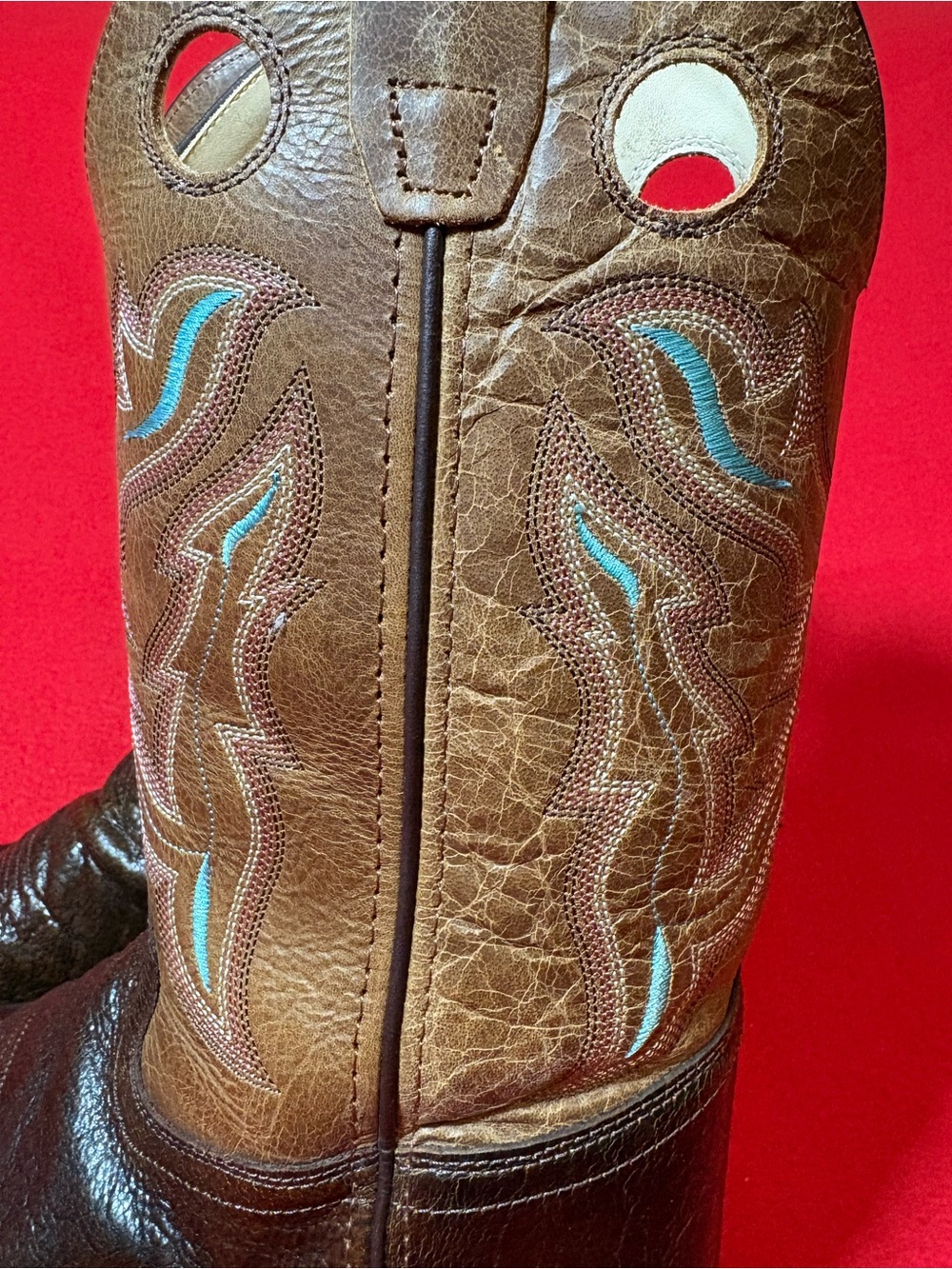 Old West Youth 6D Brown Leather Square Toe Cowboy Boots Blue Stitching - Picture 4 of 13